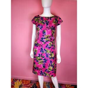 Size Medium Vintage 1950's Silk Fuschia Green and Blue Floral Leaf Wiggle Dress